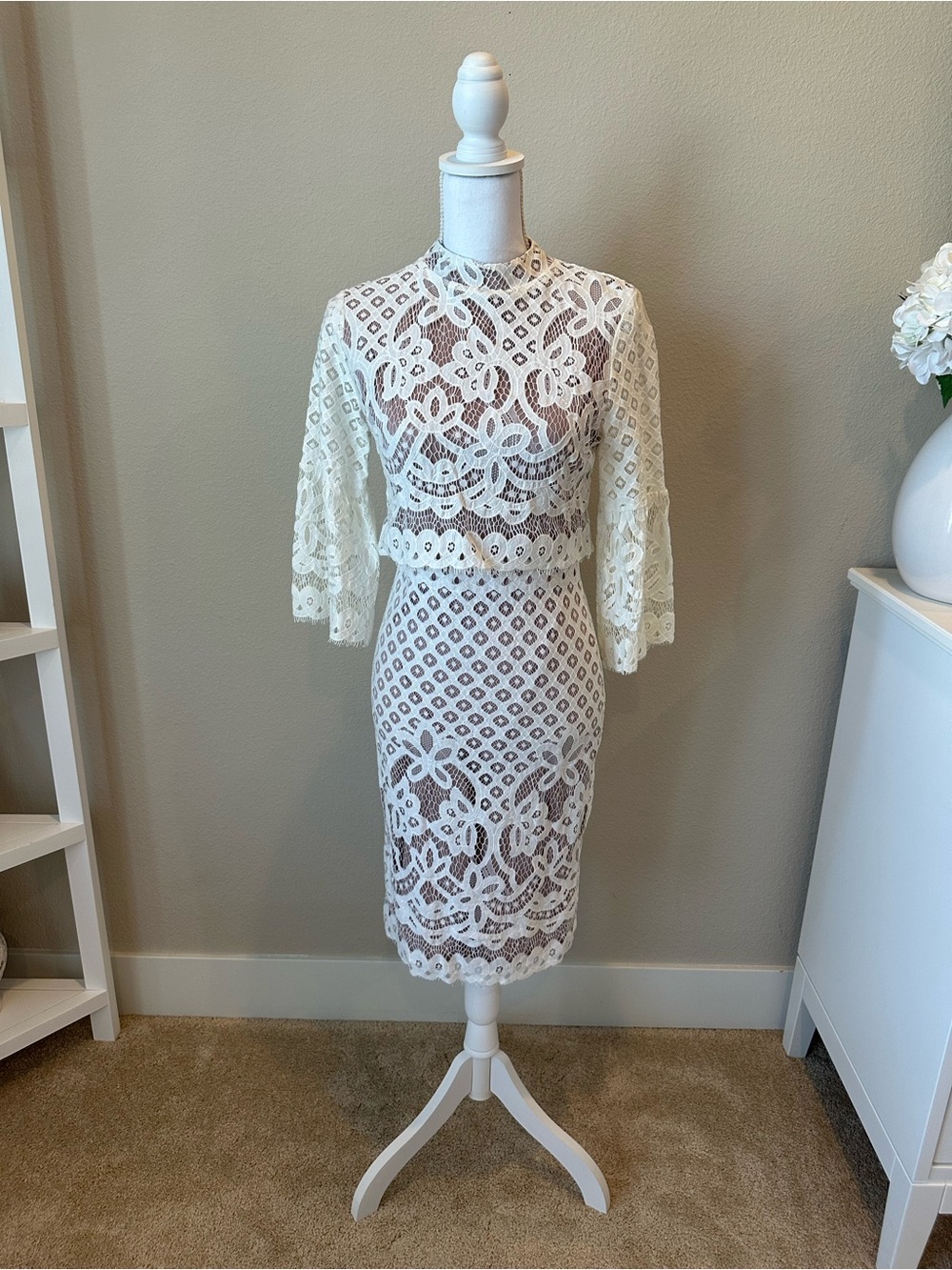 Ivy City Co Ivory Lace Midi Dress with High Neck